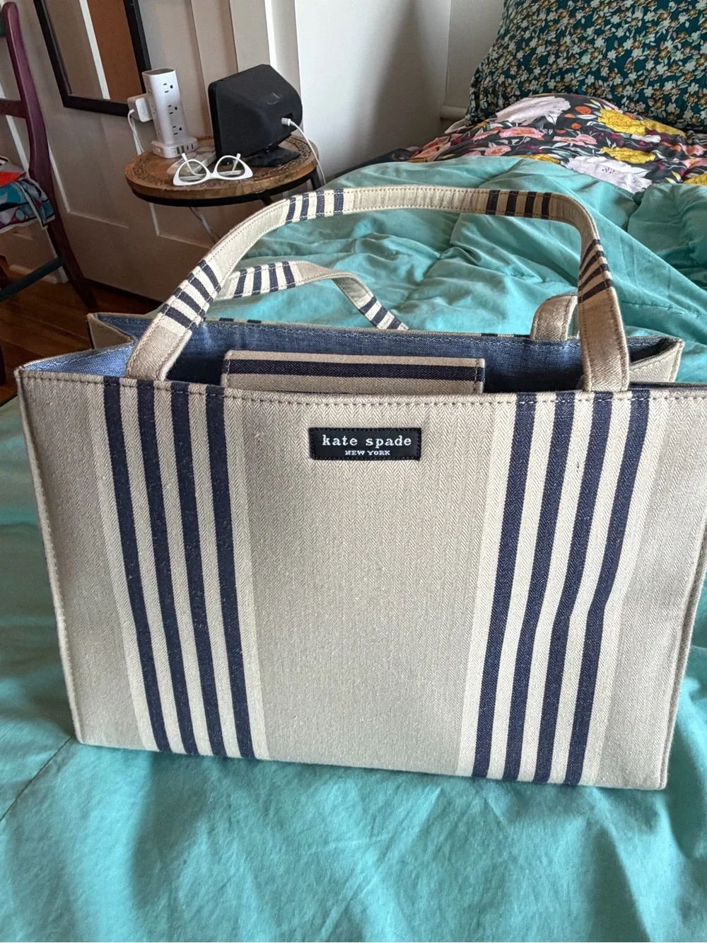 kate spade Stripe Canvas Tote Bag in Natural and Navy